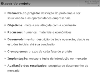 Etapas do projeto Natureza do projeto:  descrição do problema a ser solucionado e as oportunidades empresariais Objetivos:  meta a ser atingida com a conclusão Recursos:  humanos, materiais e econômicos Desenvolvimento:  descrição de toda operação, desde os estudos iniciais até sua conclusão Cronograma:  prazos de cada fase do projeto Implantação:  mocap e teste de introdução no mercado Avaliação dos resultados:  pesquisa de desempenho do mercado 