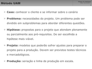 Método UAM Caso:  conhecer o cliente e se informar sobre o cenário Problema:  necessidades do projeto. Um problema pode ser dividido em subproblemas para abordar diferentes questões. Hipótese:  propostas para o projeto que atendam plenamente ou parcialmente aos pré-requisitos. De ser escolhida a hipótese mais viável. Projeto:  modelos que poderão sofrer ajustes para preparar o projeto para a produção. Devem ser previstos testes técnicos e mercadológicos. Produção:  seriação e linha de produção em escala. 