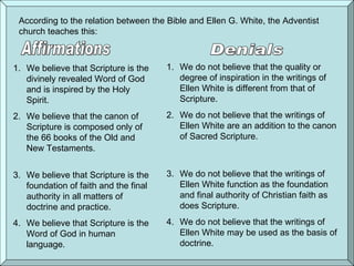 According to the relation between the Bible and Ellen G. White, the Adventist church teaches this: Affirmations Denials We believe that Scripture is the divinely revealed Word of God and is inspired by the Holy Spirit . We believe that the canon of Scripture is composed only of the 66 books of the Old and New Testaments .   We believe that Scripture is the foundation of faith and the final authority in all matters of doctrine and practice . We believe that Scripture is the Word of God in human language . We do not believe that the quality or degree of inspiration in the writings of Ellen White is different from that of Scripture . We do not believe that the writings of Ellen White are an addition to the canon of Sacred Scripture .  We do not believe that the writings of Ellen White function as the foundation and final authority of Christian faith as does Scripture . We do not believe that the writings of Ellen White may be used as the basis of doctrine . 