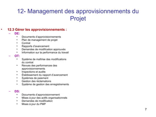 7
12- Management des approvisionnements du
Projet
• 12.3 Gérer les approvisionnements :
– DE:
• Documents d’approvisionnements
• Plan de management de projet
• Contrat
• Rapports d’avancement
• Demandes de modification approuvés
• Information sur la performance du travail
– OT:
• Système de maîtrise des modifications
du contrat
• Revues des performances des
approvisionnements
• Inspections et audits
• Établissement du rapport d’avancement
• Systèmes de paiement
• Gestion des réclamations
• Système de gestion des enregistrements
– DS:
• Documents d’approvisionnement
• Mises à jour des actifs organisationnels
• Demandes de modification
• Mises à jour du PMP
 