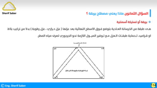 ‫اﻟﺜﻤﺎﻧﻮن‬ ‫اﻟﺴﺆال‬
‫ﺑﺮﺑﻘﺔ‬ ‫ﻣﺼﻄﻠﺢ‬ ‫ﻳﻌﻨﻲ‬ ‫ﻣﺎذا‬
‫؟‬
©Eng. Sherif Saber 114
Sherif Saber

‫أﺳﻤﻨﺘﻴﺔ‬ ‫ﺗﺴﺘﻴﻜﺔ‬ ‫أو‬ ‫ﺑﺮﺑﻘﺔ‬
‫ﻋﺰﻟﻬﺎ‬ ‫ﺑﻌﺪ‬ ‫اﻟﻨﻬﺎﺋﻴﺔ‬ ‫اﻻﺳﻄﺢ‬ ‫ﻓــﻮق‬ ‫ﺑﺘﻮﺿﻊ‬ ‫اﻟﻌــﺎدﻳﺔ‬ ‫اﻟﺨﺮﺳﺎﻧﺔ‬ ‫ﻣﻦ‬ ‫ﻃﺒﻘﺔ‬ ‫ﻫــﻰ‬
)
‫ﺣــﺮاري‬ ‫ﻋﺰل‬
،
‫رﻃﻮﺑﺔ‬ ‫ﻋﺰل‬
(
‫ﺗﺮﻛﻴ‬ ‫ﻣﻦ‬ ‫ﺑﺪﻻ‬
‫ﺑﻼط‬ ‫ﺐ‬
‫اﻟﻤﻄﺮ‬ ‫ﻣﻴﺎه‬ ‫ﻟﺼﺮف‬ ‫اﻟﺠﺮﺟﻮري‬ ‫ﻧﺤﻮ‬ ‫اﻟﻼزﻣﺔ‬ ‫اﻟﻤﻴــــﻮل‬ ‫ﺗــﻮﻓﻴﺮ‬ ‫ﻣــﻊ‬ ‫اﻟــﻌﺰل‬ ‫ﻃﺒﻘـــﺎت‬ ‫ﻟـــﺤﻤﺎﻳﺔ‬ ،‫ﻗــﺮاﻣﻴﺪ‬ ‫او‬
.
 