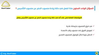 ‫اﻟﺴﺘﻮن‬ ‫اﻟﻮاﺣﺪ‬ ‫اﻟﺴﺆال‬
‫اﻟﺘﺄﺳﻴﺲ‬ ‫ﻣﻨﺴﻮب‬ ‫ﻋﻦ‬ ‫اﻟﺤﻔﺮ‬ ‫ﻣﻨﺴﻮب‬ ‫زﻳﺎدة‬ ‫ﺣﺎﻟﺔ‬ ‫ﻓﻲ‬ ‫ﺗﻔﻌﻞ‬ ‫ﻣﺎذا‬
‫؟‬
©Eng. Sherif Saber 86
Sherif Saber
‫ﻳﻔﻀﻞ‬ ‫اﻟﺘﺄﺳﻴﺲ‬ ‫ﻣﻨﺴﻮب‬ ‫ﻋﻦ‬ ‫اﻟﺤﻔﺮ‬ ‫ﻣﻨﺴﻮب‬ ‫زﻳﺎدة‬ ‫ﺣﺎﻟﺔ‬ ‫ﻓﻲ‬ ‫أﻧﻪ‬ ‫ﻋﻠﻰ‬ ‫ﺗﻨﺺ‬ ‫اﻟﻌﺎﻣﺔ‬ ‫اﻟﻤﻮاﺻﻔﺎت‬

‫ﻋﺎدﻳﺔ‬ ‫ﺑﺨﺮﺳﺎﻧﺔ‬ ‫اﻟﻤﻨﺴﻮب‬ ‫ﻓﺮق‬ ‫ﺻﺐ‬

‫اﻻﻋﻤﺪة‬ ‫رﻗﺎب‬ ‫ﻣﻨﺴﻮب‬ ‫ﻓﻰ‬ ‫اﻟﻔﺮق‬ ‫ﺗﻌﻮﻳﺾ‬

‫اﻟﺼﺤﻴﺢ‬ ‫ﻟﻠﻤﻨﺴﻮب‬ ‫ﻟﻠﻮﺻﻮل‬ ‫اﺣﻼل‬ ‫ﺑﺘﺮﺑﺔ‬ ‫اﻟﺪﻓﺎن‬
 