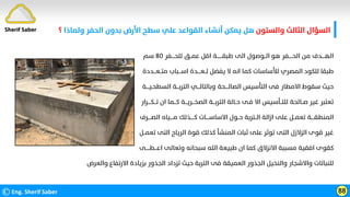 ‫واﻟﺴﺘﻮن‬ ‫اﻟﺜﺎﻟﺚ‬ ‫اﻟﺴﺆال‬
‫وﻟﻤﺎذا‬ ‫اﻟﺤﻔﺮ‬ ‫ﺑﺪون‬ ‫اﻷرض‬ ‫ﺳﻄﺢ‬ ‫ﻋﻠﻲ‬ ‫اﻟﻘﻮاﻋﺪ‬ ‫أﻧﺸﺎء‬ ‫ﻳﻤﻜﻦ‬ ‫ﻫﻞ‬
‫؟‬
©Eng. Sherif Saber 88
Sherif Saber
‫ﻟﻠﺤــــﻔﺮ‬ ‫ﻋﻤــﻖ‬ ‫اﻗﻞ‬ ‫ﻃﺒﻘـــــــﺔ‬ ‫اﻟﻰ‬ ‫اﻟــﻮﺻﻮل‬ ‫ﻫﻮ‬ ‫اﻟﺤـــــﻔﺮ‬ ‫ﻣﻦ‬ ‫اﻟﻬــــﺪف‬
٨٠
‫ﺳﻢ‬
‫ﻣﺘــﻌـــﺪدة‬ ‫اﺳـــﺒﺎب‬ ‫ﻟــﻌــــﺪة‬ ‫ﻳﻔﻀﻞ‬ ‫ﻻ‬ ‫اﻧﻪ‬ ‫ﻛﻤﺎ‬ ‫ﻟﻸﺳﺎﺳﺎت‬ ‫اﻟﻤﺼﺮي‬ ‫ﻟﻠﻜﻮد‬ ‫ﻃﺒﻘﺎ‬
‫اﻟﺴﻄﺤـﻴــــﺔ‬ ‫اﻟﺘﺮﺑـــﺔ‬ ‫وﺑﺎﻟﺘﺎﻟـــﻲ‬ ‫اﻟﺼﺎﻟــــﺤﺔ‬ ‫اﻟﺘﺄﺳﻴﺲ‬ ‫ﻓﻰ‬ ‫اﻻﻣﻄﺎر‬ ‫ﺳﻘﻮط‬ ‫ﺣﻴﺚ‬
‫ﺗـــﻜــــﺮار‬ ‫ان‬ ‫ﻛـــﻤﺎ‬ ‫اﻟﺼﺨـــﺮﻳـــﺔ‬ ‫اﻟﺘﺮﺑـــﺔ‬ ‫ﺣــﺎﻟﺔ‬ ‫ﻓـﻰ‬ ‫اﻻ‬ ‫ﻟﻠﺘــﺄﺳﻴﺲ‬ ‫ﺻــﺎﻟﺤﺔ‬ ‫ﻏﻴﺮ‬ ‫ﺗﻌﺘﺒﺮ‬
‫اﻟﺼــــﺮف‬ ‫ﻣــــﻴﺎه‬ ‫ﻛـــــﺬﻟﻚ‬ ‫اﻻﺳﺎﺳــــﺎت‬ ‫ﺣــﻮل‬ ‫اﻟــﺘﺮﺑﺔ‬ ‫ازاﻟﺔ‬ ‫ﻋﻠﻰ‬ ‫ﺗﻌﻤــﻞ‬ ‫اﻟﻤﻨﻄﻘــــﺔ‬
‫ﺗﻌﻤــﻞ‬ ‫اﻟﺘﻰ‬ ‫اﻟﺮﻳﺎح‬ ‫ﻗﻮة‬ ‫ﻛﺬﻟﻚ‬ ‫اﻟﻤﻨﺸﺄ‬ ‫ﺛﺒﺎت‬ ‫ﻋﻠﻰ‬ ‫ﺗﻮﺛﺮ‬ ‫اﻟﺘﻰ‬ ‫اﻟﺰﻻزل‬ ‫ﻗﻮى‬ ‫ﻏﻴﺮ‬
‫اﻋـــﻄـــــﻰ‬ ‫وﺗﻌﺎﻟﻰ‬ ‫ﺳﺒﺤﺎﻧﻪ‬ ‫اﻟﻠﻪ‬ ‫ﻃﺒﻴﻌﺔ‬ ‫ان‬ ‫ﻛﻤﺎ‬ ‫اﻻﻧﺰﻻق‬ ‫ﻣﺴﺒﺒﺔ‬ ‫اﻓﻘﻴﺔ‬ ‫ﻛﻘﻮى‬
‫اﻻرﺗ‬ ‫ﺑﺰﻳﺎدة‬ ‫اﻟﺠﺬور‬ ‫ﺗﺰداد‬ ‫ﺣﻴﺚ‬ ‫اﻟﺘﺮﺑﺔ‬ ‫ﻓﻰ‬ ‫اﻟﻌﻤﻴﻘﺔ‬ ‫اﻟﺠﺬور‬ ‫واﻟﻨﺨﻴﻞ‬ ‫واﻻﺷﺠﺎر‬ ‫ﻟﻠﻨﺒﺎﺗﺎت‬
‫واﻟﻌﺮض‬ ‫ﻔﺎع‬
 