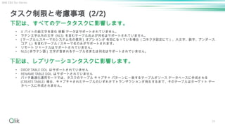 29
タスク制限と考慮事項 (2/2)
下記は、すべてのデータタスクに影響します。
• 4 バイトの絵文字を含む 移動 データはサポートされていません。
• ラテン文字以外の文字 (NLS) を含むテーブルおよび列名はサポートされていません。
• [ テーブルとスキーマのシステム名の使用 ] オプションが 有効になっている場合 ( コネクタ設定にて ) 、大文字、数字、アンダース
コア (_) を含むテーブル / スキーマ名のみがサポートされます。
• リモート ジャーナルはサポートされていません。
• NLS ( 非ラテン語 ) 文字が含まれるテーブル名または列名はサポートされていません。
下記は、レプリケーションタスクに影響します。
• DROP TABLE DDL はサポートされていません
• RENAME TABLE DDL はサポートされていません
• バッチ最適化適用モードでは、タスクのテーブル キャプチャ パターンに一致するテーブルがソース データベースに作成される
(CREATE TABLE) 場合、キャプチャされたテーブルのいずれかでトランザクションが発生するまで、そのテーブルはターゲット デー
タベースに作成されません。
IBM DB2 for iSeries
 