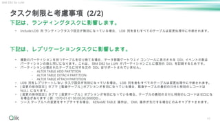 43
タスク制限と考慮事項 (2/2)
下記は、ランディングタスクに影響します。
• Include LOB 列 ランディングタスク設定が無効になっている場合、 LOB 列を含むすべてのテーブルは変更処理中に中断されます。
下記は、レプリケーションタスクに影響します。
• 複数のパーティションを持つテーブルを切り捨てる場合、データ移動ゲートウェイ コンソールに表示される DDL イベントの数は
パーティションの数と同じになります。これは、 IBM DB2 for LUW がパーティションごとに個別の DDL を記録するためです。
• パーティション分割されたテーブルに対する次の DDL はサポートされていません。
⁃ ALTER TABLE ADD PARTITION
⁃ ALTER TABLE DETACH PARTITION
⁃ ALTER TABLE ATTACH PARTITION
• LOB 列をレプリケートしない タスク設定が有効になっている場合、 LOB 列を含むすべてのテーブルは変更処理中に中断されます。
• [ 変更の保存設定 ] タブで [ 監査テーブル ] オプションが有効になっている場合、監査テーブルの最初の日付と時刻のレコードは
NULL になります。
• [ 変更の保存設定 ] タブで [ 変更テーブル ] オプションが有効になっている場合、テーブルの最初の日付と時刻のレコードはゼロにな
る場合があります ( 例 : 1970-01-01 00:00:00.000000) 。
• ソース テーブルへの変更をキャプチャする場合、 RENAME TABLE 操作は、 DML 操作が先行する場合にのみキャプチャされます。
IBM DB2 for LUW
 