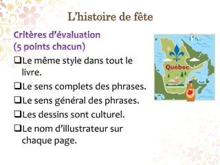 L’histoire de fête


Le même style dans tout le
 livre.
Le sens complets des phrases.
Le sens général des phrases.
Les dessins sont culturel.
Le nom d’illustrateur sur
 chaque page.
 