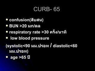 CURB-   65   confusion( สับสน ) BUN >20  มก / ดล respiratory rate >30  ครั้ง / นาที low blood pressure  (systolic<90  มม . ปรอท   /  diastolic<60  มม . ปรอท ) age >65  ปี 