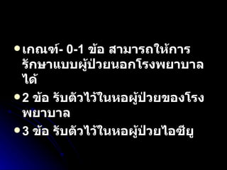 เกณฑ์ - 0-1  ข้อ สามารถให้การรักษาแบบผู้ป่วยนอกโรงพยาบาลได้ 2  ข้อ รับตัวไว้ในหอผู้ป่วยของโรงพยาบาล 3   ข้อ รับตัวไว้ในหอผู้ป่วยไอซียู 