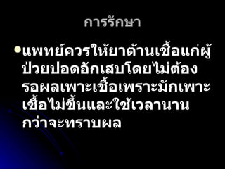 การรักษา แพทย์ควรให้ยาต้านเชื้อแก่ผู้ป่วยปอดอักเสบโดยไม่ต้องรอผลเพาะเชื้อเพราะมักเพาะเชื้อไม่ขึ้นและใช้เวลานานกว่าจะทราบผล   