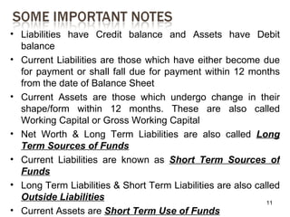 • Liabilities have Credit balance and Assets have Debit
  balance
• Current Liabilities are those which have either become due
  for payment or shall fall due for payment within 12 months
  from the date of Balance Sheet
• Current Assets are those which undergo change in their
  shape/form within 12 months. These are also called
  Working Capital or Gross Working Capital
• Net Worth & Long Term Liabilities are also called Long
  Term Sources of Funds
• Current Liabilities are known as Short Term Sources of
  Funds
• Long Term Liabilities & Short Term Liabilities are also called
  Outside Liabilities                                        11
• Current Assets are Short Term Use of Funds
 