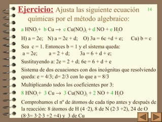 14Ejercicio: Ajusta las siguiente ecuación
químicas por el método algebraico:
a HNO3+ b Cu → c Cu(NO3)2 + d NO + e H2O
H) a = 2e; N) a = 2c + d; O) 3a = 6c +d + e; Cu) b = c
Sea c = 1. Entonces b = 1 y el sistema queda:
a = 2e; a = 2 + d; 3a = 6 + d + e;
Sustituyendo a: 2e = 2 + d; 6e = 6 + d + e
Sistema de dos ecuaciones con dos incógnitas que resolviendo
queda: e = 4/3; d= 2/3 con lo que a = 8/3
Multiplicando todos los coeficientes por 3:
8 HNO3+ 3 Cu → 3 Cu(NO3)2 + 2 NO + 4 H2O
Comprobamos el nº de átomos de cada tipo antes y después de
la reacción: 8 átomos de H (4 ·2), 8 de N (2·3 +2), 24 de O
(8·3= 3·2·3 +2 +4) y 3 de Cu
 