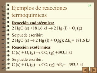 35
Ejemplos de reacciones
termoquímicas
Reacción endotérmica:
2 HgO (s) +181,6 kJ → 2 Hg (l) + O2 (g)
Se puede escribir:
2 HgO (s) → 2 Hg (l) + O2(g); ∆ER= 181,6 kJ
Reacción exotérmica:
C (s) + O2 (g) → CO2 (g) +393,5 kJ
Se puede escribir:
C (s) + O2 (g) → CO2 (g); ∆ER= –393,5 kJ
 