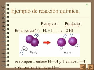 7
Ejemplo de reacción química.
Reactivos Productos
En la reacción: H2 + I2 —→ 2 HI
se rompen 1 enlace H—H y 1 enlace I —I
y se forman 2 enlaces H—I
 