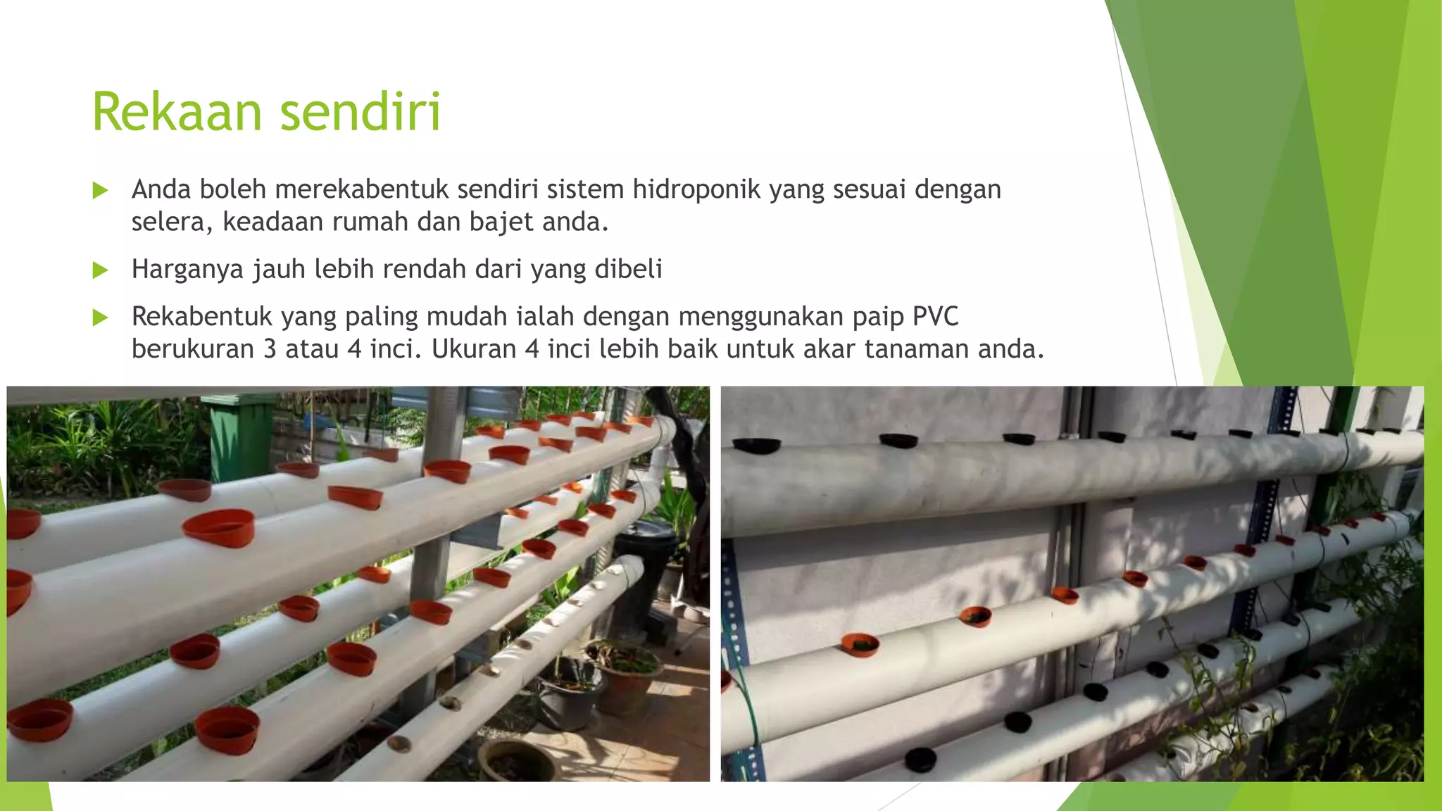 Rekaan sendiri
Anda boleh merekabentuk sendiri sistem hidroponik yang sesuai dengan
selera, keadaan rumah dan bajet anda.
Harganya jauh lebih rendah dari yang dibeli
Rekabentuk yang paling mudah ialah dengan menggunakan paip PVC
berukuran 3 atau 4 inci. Ukuran 4 inci lebih baik untuk akar tanaman anda.