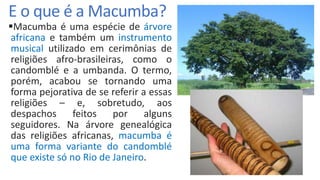 E o que é a Macumba?
Macumba é uma espécie de árvore
africana e também um instrumento
musical utilizado em cerimônias de
religiões afro-brasileiras, como o
candomblé e a umbanda. O termo,
porém, acabou se tornando uma
forma pejorativa de se referir a essas
religiões – e, sobretudo, aos
despachos feitos por alguns
seguidores. Na árvore genealógica
das religiões africanas, macumba é
uma forma variante do candomblé
que existe só no Rio de Janeiro.
 