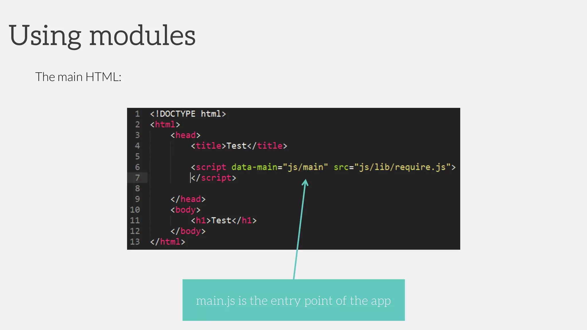 Using modules
main.js is the entry point of the app
The main HTML:
 