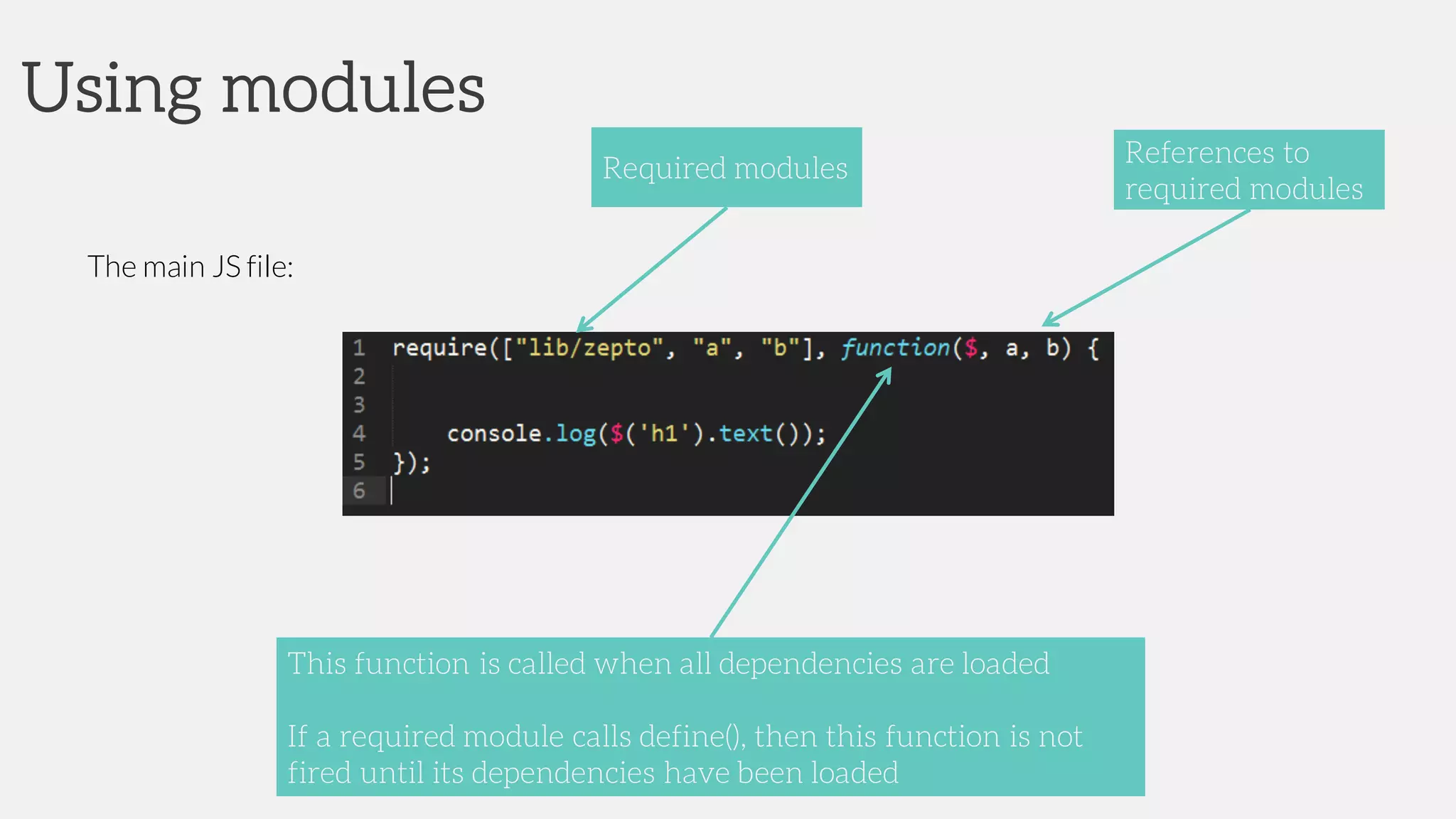 The main JS file:
Using modules
This function is called when all dependencies are loaded
If a required module calls define(), then this function is not
fired until its dependencies have been loaded
Required modules
References to
required modules
 
