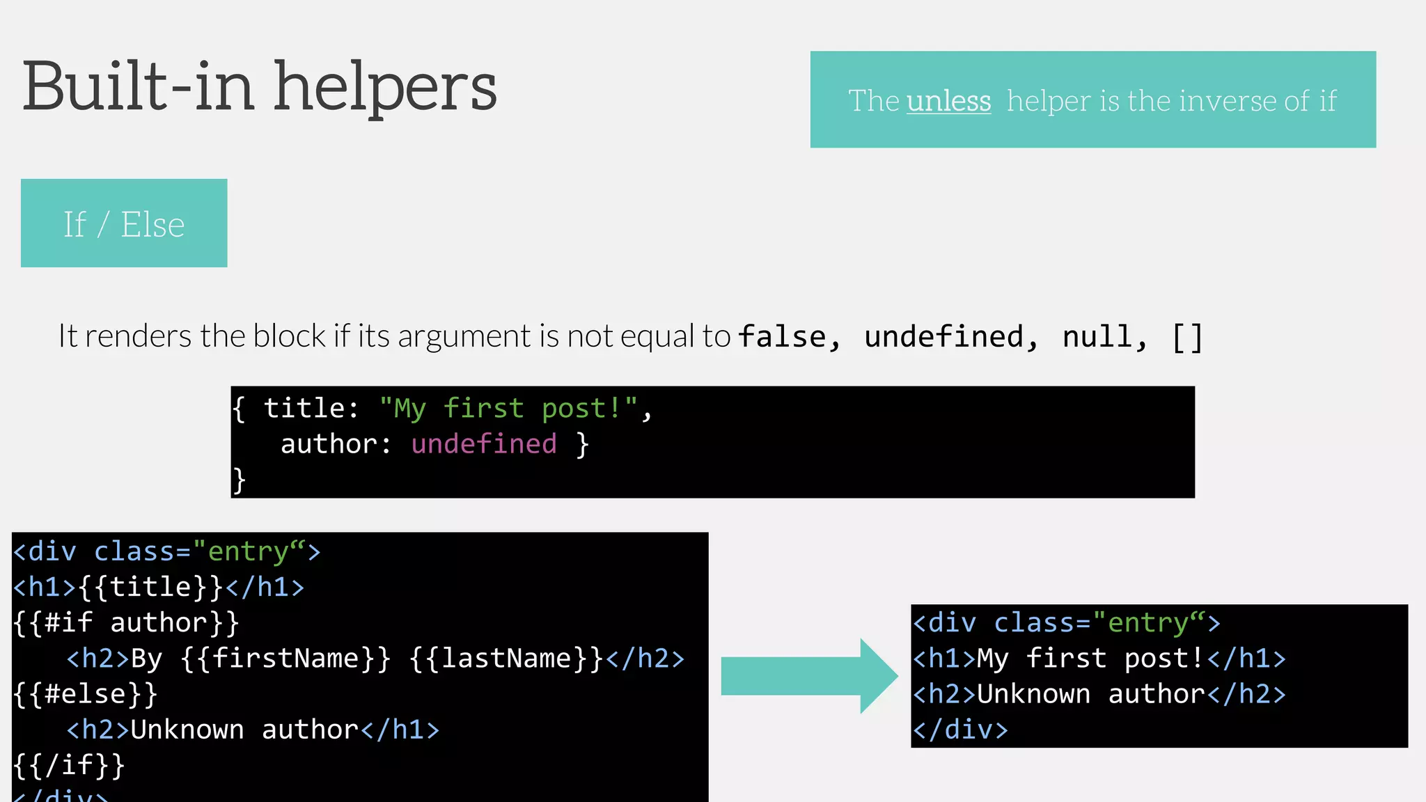 Built-in helpers
It renders the block if its argument is not equal to false, undefined, null, []
If / Else
The unless helper is the inverse of if
<div class="entry“>
<h1>{{title}}</h1>
{{#if author}}
<h2>By {{firstName}} {{lastName}}</h2>
{{#else}}
<h2>Unknown author</h1>
{{/if}}
{ title: "My first post!",
author: undefined }
}
<div class="entry“>
<h1>My first post!</h1>
<h2>Unknown author</h2>
</div>
 