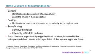 Strategic Management @ 2013 	
Three Clusters of Microfoundations*
•  Sensing
–  Identification and assessment of an opportunity
–  Easiest to embed in the organization
•  Seizing
–  Mobilization of resources to address an opportunity and to capture value
•  Transforming
–  Continued renewal
–  Inherently difficult to routinize
•  Each cluster is supported by organizational process; but also by the
entrepreneurial and leadership capabilities of the top management team
27
*“Explicating Dynamic Capabilities: The Nature and Microfoundations of (Sustainable) Enterprise Performance”, Strategic
Management Journal, 28:13 (December 2007), 1319-1350.
 