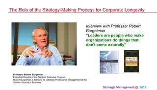 Strategic Management @ 2013 	
Professor Robert Burgelman
Executive Director of the Stanford Executive Program
Robert Burgelman is Edmund W. Littlefield Professor of Management at the
Stanford School of Business
Interview with Professor Robert
Burgelman
"Leaders are people who make
organizations do things that
don't come naturally"
The Role of the Strategy-Making Process for Corporate Longevity
 