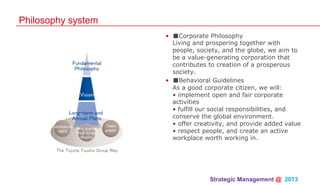 Strategic Management @ 2013 	
Philosophy system
•  ■Corporate Philosophy
Living and prospering together with
people, society, and the globe, we aim to
be a value-generating corporation that
contributes to creation of a prosperous
society.
•  ■Behavioral Guidelines
As a good corporate citizen, we will:
• implement open and fair corporate
activities
• fulfill our social responsibilities, and
conserve the global environment.
• offer creativity, and provide added value
• respect people, and create an active
workplace worth working in.
 
