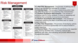 4Risk Management
11.1 Plan Risk Management—The process of defining how to
conduct risk management activities for a project.
11.2 Identify Risks—The process of determining which risks
may affect the project and documenting their characteristics.
11.3 Perform Qualitative Risk Analysis—The process of
prioritizing risks for further analysis or action by assessing and
combining their probability of occurrence and impact.
11.4 Perform Quantitative Risk Analysis—The process of
numerically analyzing the effect of identified risks on overall
project objectives.
11.5 Plan Risk Responses—The process of developing options
and actions to enhance opportunities and to reduce threats to
project objectives.
11.6 Control Risks—The process of implementing risk response
plans, tracking identified risks, monitoring residual risks,
identifying new risks, and evaluating risk process effectiveness
throughout the project.
 
