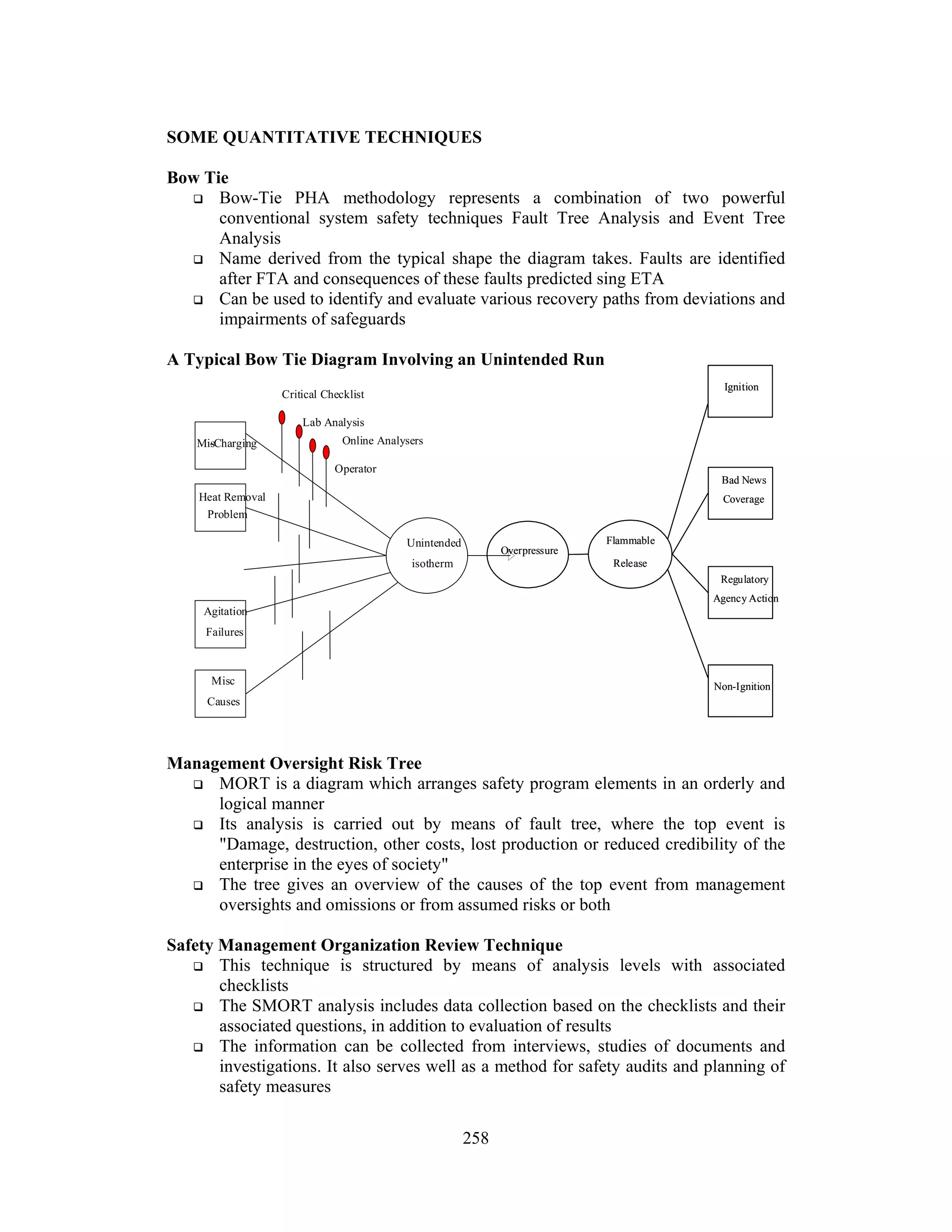 SOME QUANTITATIVE TECHNIQUES 
Bow Tie 
 Bow-Tie PHA methodology represents a combination of two powerful 
conventional system safety techniques Fault Tree Analysis and Event Tree 
Analysis 
 Name derived from the typical shape the diagram takes. Faults are identified 
after FTA and consequences of these faults predicted sing ETA 
 Can be used to identify and evaluate various recovery paths from deviations and 
258 
impairments of safeguards 
A Typical Bow Tie Diagram Involving an Unintended Run 
Online Analysers 
Unintended 
isotherm 
Mis-Charging 
Heat Removal 
Problem 
Agitation 
Failures 
Misc 
Causes 
Critical Checklist 
Lab Analysis 
Operator 
Management Oversight Risk Tree 
Overpressure 
Flammable 
Release 
Ignition 
Bad News 
Coverage 
Regulatory 
Agency Action 
Non-Ignition 
 MORT is a diagram which arranges safety program elements in an orderly and 
logical manner 
 Its analysis is carried out by means of fault tree, where the top event is 
Damage, destruction, other costs, lost production or reduced credibility of the 
enterprise in the eyes of society 
 The tree gives an overview of the causes of the top event from management 
oversights and omissions or from assumed risks or both 
Safety Management Organization Review Technique 
 This technique is structured by means of analysis levels with associated 
checklists 
 The SMORT analysis includes data collection based on the checklists and their 
associated questions, in addition to evaluation of results 
 The information can be collected from interviews, studies of documents and 
investigations. It also serves well as a method for safety audits and planning of 
safety measures 
 