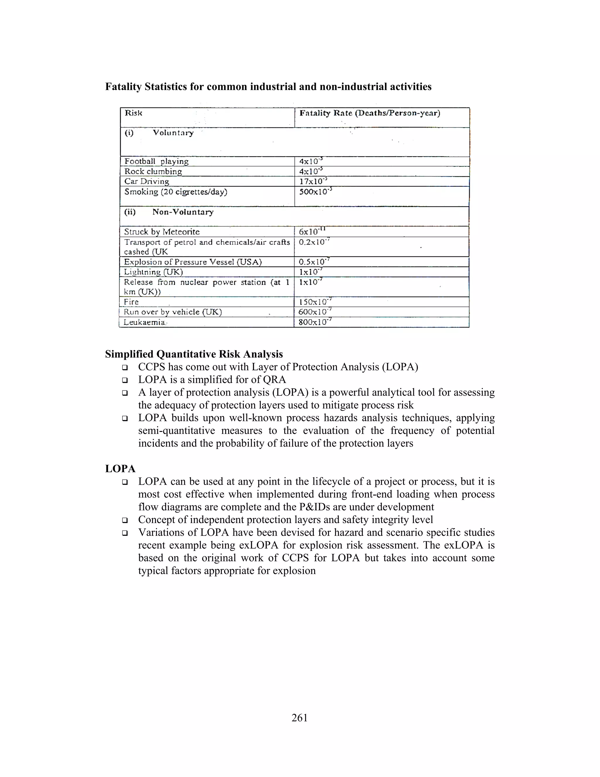 Fatality Statistics for common industrial and non-industrial activities 
261 
Simplified Quantitative Risk Analysis 
 CCPS has come out with Layer of Protection Analysis (LOPA) 
 LOPA is a simplified for of QRA 
 A layer of protection analysis (LOPA) is a powerful analytical tool for assessing 
the adequacy of protection layers used to mitigate process risk 
 LOPA builds upon well-known process hazards analysis techniques, applying 
semi-quantitative measures to the evaluation of the frequency of potential 
incidents and the probability of failure of the protection layers 
LOPA 
 LOPA can be used at any point in the lifecycle of a project or process, but it is 
most cost effective when implemented during front-end loading when process 
flow diagrams are complete and the PIDs are under development 
 Concept of independent protection layers and safety integrity level 
 Variations of LOPA have been devised for hazard and scenario specific studies 
recent example being exLOPA for explosion risk assessment. The exLOPA is 
based on the original work of CCPS for LOPA but takes into account some 
typical factors appropriate for explosion 
 