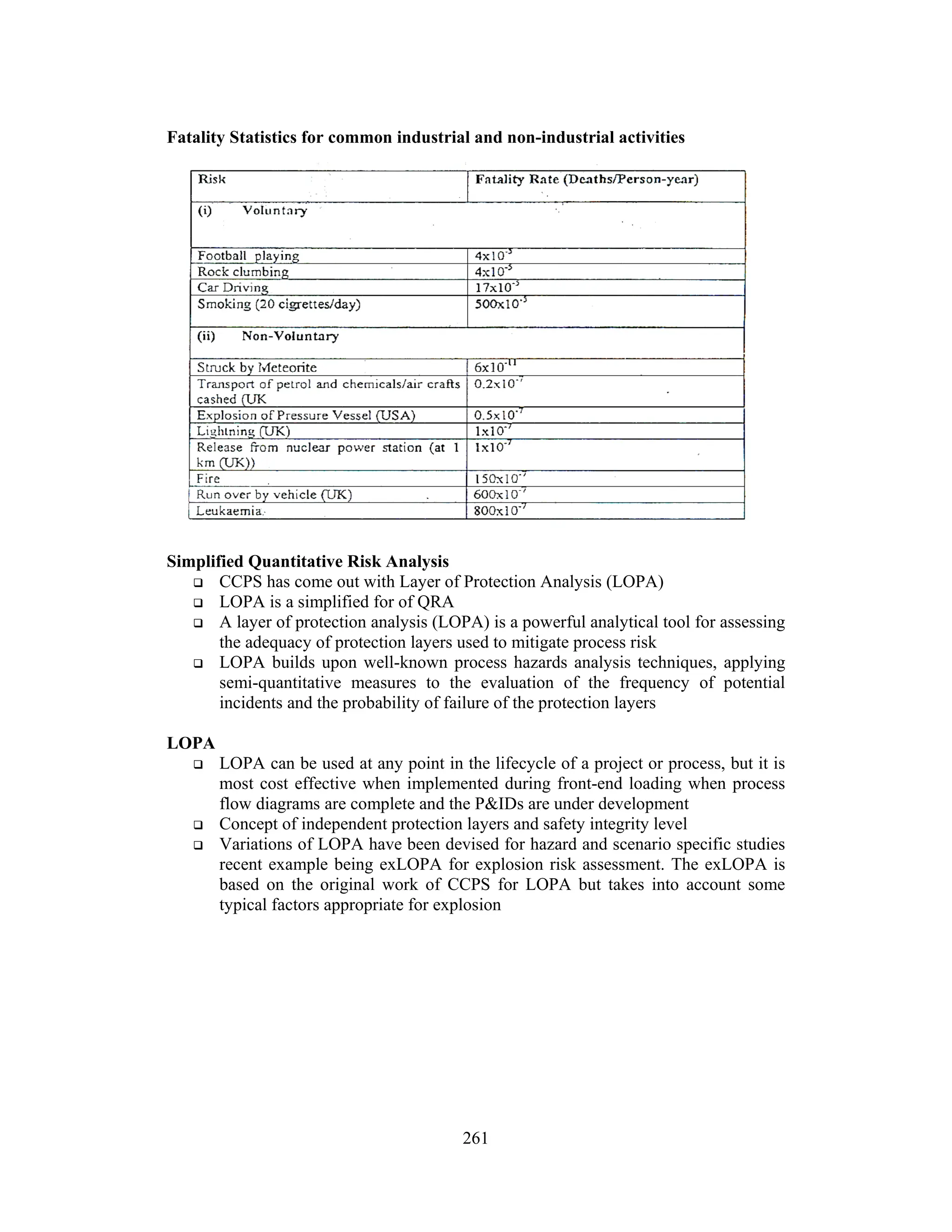 261
Fatality Statistics for common industrial and non-industrial activities
Simplified Quantitative Risk Analysis
 CCPS has come out with Layer of Protection Analysis (LOPA)
 LOPA is a simplified for of QRA
 A layer of protection analysis (LOPA) is a powerful analytical tool for assessing
the adequacy of protection layers used to mitigate process risk
 LOPA builds upon well-known process hazards analysis techniques, applying
semi-quantitative measures to the evaluation of the frequency of potential
incidents and the probability of failure of the protection layers
LOPA
 LOPA can be used at any point in the lifecycle of a project or process, but it is
most cost effective when implemented during front-end loading when process
flow diagrams are complete and the PIDs are under development
 Concept of independent protection layers and safety integrity level
 Variations of LOPA have been devised for hazard and scenario specific studies
recent example being exLOPA for explosion risk assessment. The exLOPA is
based on the original work of CCPS for LOPA but takes into account some
typical factors appropriate for explosion
 