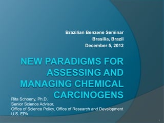 Brazilian Benzene Seminar
                                         Brasilia, Brazil
                                       December 5, 2012




Rita Schoeny, Ph.D.
Senior Science Advisor,
Office of Science Policy, Office of Research and Development
U.S. EPA
                                                               1
 