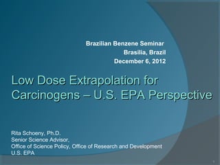 Brazilian Benzene Seminar
                                          Brasilia, Brazil
                                       December 6, 2012


Low Dose Extrapolation for
Carcinogens – U.S. EPA Perspective

Rita Schoeny, Ph.D.
Senior Science Advisor,
Office of Science Policy, Office of Research and Development
U.S. EPA
                                                               1
 