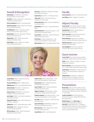 We have tried to be as accurate as possible in this listing of nurses’ accomplishments. To correct errors or omissions, please e-mail them to dawn.tucker@allina.com.



         Awards & Recognition                                        Sue Gorg, E3100/W3500	–	Marguerite	S.	Richards	
                                                                     Nursing	Mentorship	Award
                                                                                                                                  Faculty
         Kelly Aakhus,	E3100/W3500	–	Carol	Huttner	                                                                               Aanna Johannes,	SK3700	–	University	of	Minnesota
                                                                     Gayle Hafner,	PACU/POCC	–	The	Petersen	Award
         Nursing	Excellence	in	Practice	Award
                                                                                                                                  Jone tiffany,	W6400	–	College	of	St.	Catherine
                                                                     Judy lester,	H5000	–	Carol	Huttner	Nursing	
         Jen Adair,	Emergency	Department	–	Carol	Huttner	
                                                                     Excellence	in	Practice	Award
         Collaborative Colleague Award
                                                                     Gordon McArthur, H8000	–	Paul	&	Sheila	Wellstone	
         Sherryn Adelmann,	W6400	–	Irene	Briggs	Award
                                                                     Social	Justice	Award                                         Adjunct Faculty
         Voula Armendariz,	W6300	–	Marguerite	S.	Richards	                                                                        Susan Arnold,	Penny	George	Institute	for	Health	
                                                                     Katie Molitor, WomenCare	–	Jane	Wachtler	Becker	
         Nursing	Preceptorship	Award                                                                                              and	Healing	–	Anoka	Ramsey	Community	College
                                                                     Award
         lori Ballantyne,	H5200	–	Outstanding	student	                                                                            emily Bendson,	H5000	–	Clinical	facilitator	at	
                                                                     tonya Montesinos, Nursing	Administration	–	Carol	
         finalist	in	Nursing	at	Metro	State	University                                                                            Abbott	Northwestern	for	MINC
                                                                     Huttner	Nursing	Leadership	Award
         rachel Bebus,	Float	Pool	–	Marguerite	S.	Richards	                                                                       Brian Goodroad, International Disease & Travel
                                                                     carrie olson,	E3100/W3500	–	Abbott	Northwestern	
         Nursing	Preceptorship	Award                                                                                              Clinic	–	Metropolitan	State	University
                                                                     Employee Recognition Award
         Megan Berg,	H4000	–	Abbott	Northwestern	                                                                                 Kerstin McSteen, hospital-wide consultation
                                                                     Kristi olson,	Emergency	Department	–	Carol	
         Employee Recognition Award                                                                                               service	–	University	of	Minnesota	School	of	Nursing
                                                                     Huttner	Nursing	Excellence	in	Practice	Award
         patrice Beyer,	H5000	–	Marguerite	S.	Richards	                                                                           Michele Schirmers,	Emergency	Department	–	
                                                                     Mary peterson,	E4000	–	Jane	Wachtler	Becker	Award
         Nursing	Preceptorship	Award                                                                                              Hennepin	Technical	College

                                                                                                                                  Sue Sendelbach,	clinical	nurse	researcher	–	
                                                                                                                                  University	of	Minnesota,	School	of	Nursing




                                                                                                                                  Guest Lectures
                                                                                                                                  Susan Arnold,	Penny	George	Institute	for	Health	
                                                                                                                                  and	Healing	–	“Holistic	Health,”	Third	District	Nurses

                                                                                                                                  Jill ell, SK3700	–	“Mothers	of	Soldiers	in	Combat,”	
                                                                                                                                  College	of	St.	Scholastica

                                                                                                                                  Brian Goodroad, International Disease and Travel
                                                                                                                                  Clinic	–	“Men’s	Health,”	Metropolitan	State	University

                                                                                                                                  Janet Havens,	SK3900/4800	–	“Chronic	Illness	and	
                                                                                                                                  its	Effect	on	the	Family	Members,”	College	of	St.	
                                                                                                                                  Catherine

                                                                                                                                  rebekah rook,	Perinatal	Clinic	–	“OB	Nursing	
                                                                                                                                  and	Why	Nursing	is	an	Excellent	Job	Choice,”	
         Jocelyn Black,	H8000	–	Carol	Huttner	Nursing	               Heather potts,	Infant	Feeding	Program	–	Carol	               Montgomery	High	School	Health	Careers	class
         Excellence	in	Practice	Award                                Huttner	Nursing	Excellence	in	Practice	Award

         terrance Boehland,	H8000	–	H8000	Superstar                  Dusty powers,	E4000	–	Abbott	Northwestern	

         Molly Brusman,	SK3700	–	Jane	Wachtler	Becker	Award
                                                                     Employee Recognition Award
                                                                                                                                  Presentations
                                                                     Jason Schultz,	PB2000	–	Abbott	Northwestern	
         emily calonder,	PACU/OSDU	–	Carol	Huttner	                                                                               Barbara Bly,	Quality	and	Patient	Safety	and	Paul	
                                                                     Employee Recognition Award
         Nursing	Excellence	in	Practice	Award                                                                                     Krogh,	pharmacy	manager	–	“Medication	Safety	for	
                                                                     peggy A. Severson,	OR	Preop/Postop	–	Abbott	                 New	Graduates.”	Abbott	Northwestern	Hospital,	Nov.	
         Seamus conroy, SK3900/4800	–	Carol	Huttner	
                                                                     Northwestern Employee Recognition Award                      11	and	24,	2008.	
         Excellence	in	Nursing	Practice	Award
                                                                     cathleen Skrypek, Infant	Feeding	Program	–	Carol	            lindsay campbell, Main	OR-Preop/Postop	–	
         lynn engler,	PB2000	–	Carol	Huttner	Excellence	in	
                                                                     Huttner	Nursing	Excellence	in	Practice	Award                 “Nurses	Going	Green	for	Health.”	MNA	5th	District,	
         Nursing	Practice	Award
                                                                                                                                  Bloomington,	Minn.
                                                                     Jan Steile,	W6400	–	Marguerite	S.	Richards	Nursing	
         Stephanie erickson,	H5000	–	North	Dakota	Nurse	
                                                                     Mentorship	Award                                             wendy George,	H4200;	Barb Unger, CV
         of	the	Year	–	Rising	Star
                                                                                                                                  Administration;	Michael	Mooney,	MD;	and	
                                                                     Jessica thompson,	SK3900/4800	–	Marguerite	S.	
         collette eze,	H4100	–	Jane	Wachtler	Becker	Award                                                                         pam rush,	Quality	Management	–	“Therapeutic	
                                                                     Richards	Nursing	Mentorship	Award
                                                                                                                                  Hypothermia	Post-Cardiac	Arrest.”	National	Teaching	
         tina Fenske, E4000	–	Marguerite	S.	Richards	
                                                                     Mary Veneman,	H4100	–	Marguerite	S.	Richards	                Institute for American Association of Critical-Care
         Nursing	Preceptorship	Award
                                                                     Nursing	Preceptorship	Award                                  Nurses,	Chicago,	Ill.,	May	6,	2008.
         Alicia Goodman, H5000	–	Abbott	Northwestern	
                                                                     cassie werner, W6300	–	Irene	Briggs	Award
         Employee Recognition Award



24   O u t CO ME S R E P O Rt 2 0 0 9
 