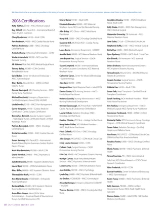 We have tried to be as accurate as possible in this listing of nurses’ accomplishments. To correct errors or omissions, please e-mail them to dawn.tucker@allina.com.



         2008 Certifications                                         cheryl Bond, H4100	–	Adult	CCRN                              Geraldine Dooley,	H4100	–	AACN-Critical	Care	
                                                                                                                                  Nurse;	Adult	CCRN
                                                                     elizabeth Brandes,	W6300	–	NCC-Maternal	
         Kelly Aakhus,	E3100	–	ANCC	Medical-Surgical
                                                                     Newborn	Nurse;	NCC-Low	Risk	Neonatal	Nursing                 Kelly Drake,	W6400	–	ANCC-Pain	Management;	
         Kay Althoff,	MCA	Pacer/ICD	–	International	Board	of	                                                                     ANCC-Medical-Surgical
                                                                     Allie Briley, VPCI	Clinics	–	ANCC	Adult	Nurse	
         Heart	Rhythm	Examiners
                                                                     Practitioner                                                 Alexandra Drevecky, OB	Homecare	–	NCC-
         cheryl Anderson,	H4100	–	Adult	CCRN                                                                                      Maternal	Newborn	Nurse
                                                                     Mary Brill,	E3000	–	ONCC-Oncology	Certified	Nurse
         Fern Anderson,	H4000	–	ANCC-Cardiac/Vascular	Nurse                                                                       Jane Dube,	CV	Lab	–	CCRN-Adult	Critical-Care
                                                                     Suzanne Brill,	MCA	Pacer/ICD	–	Cardiac	Pacing	
         patricia Anderson,	E3000	–	ONCC-Oncology	                   Defibrillation                                               Stephanie Duffy,	E3100	–	ANCC-Medical-Surgical	
         Certified Nurse
                                                                     laura Burns,	Emergency	Department	-	HAZMAT                   Betty Dye,	E4000	–	ANCC-Medical-Surgical
         Anita Anthony,	CV	Nursing	Administration	–	CCRN
                                                                     Jennifer Bush, W6300	–	NCC-Maternal	Newborn	Nurse            ryan egeberg,	PB2000	–	ANCC-Adult	Critical	Care
         Voula Armendariz, W6300	–	NCC-Low	Risk	
                                                                     Jane Buysse Fox,	Surgical	Services	–	CNOR-                   Kim eikevik,	OB	Homecare	–	NCC	Maternal	
         Neonatal Nursing
                                                                     Perioperative	Nursing	Practice                               Newborn Nurse
         Jill Attleson, Float	Pool,	ANCC-Medical-Surgical	Nurse
                                                                     Susan campbell, W6300	–	International	Board	                 Debra erickson,	Maternal	Assessment	Center	–	
         tammy Bailey, W2300	–	CCRN-Certified	                       of	Certified	Lactation	Consultants;	NCC-Maternal	            NCC-Inpatient Obstetric Nursing
         Rehabilitation Nurse                                        Newborn Nurse
                                                                                                                                  teresa ervasti,	Wound	Clinic	–	WOCNCB-Wound,	
         carol Baker,	Center	for	Advanced	Endoscopy	–	               catherine caron, Center for Advanced Endoscopy               Ostomy & Continence
         ANCC-Gerontological                                         –	Gastroenterolgy
                                                                                                                                  Angela escobar,	Surgical	Services	–	CNOR-
         Mary Battle, Wound	Clinic	–	COCN-Certified	                 Alan carr, W2300	–	CRRN                                      Perioperative	Nursing	Practice
         Ostomy Nurse
                                                                     Margaret carr, Rapid	Response	Team	–	Adult	CCRN              collette eze,	H4100	–	Adult	CCRN
         connie Baumgard,	MCA	Nursing	Services	–	ANCC	
                                                                     Denise carter,	MCA	Nursing	Services	–	ANCC-                  Susan Falk,	Heart	Transplant	–	Certified	Clinical	
         Family	Nurse	Practitioner
                                                                     Family	Nurse	Practitioner                                    Transplant Coordinator
         Michael Becchetti,	Emergency	Department	–	
                                                                     roberta cassidy,	Nursing	Administration	–	ANCC-              Sarah Farthing,	MCA	Medlevel	Providers	–	AANP-
         Certified	Emergency	Nurse	(CEN);	HAZMAT
                                                                     Nursing	Professional	Development                             Adult	Nurse	Practitioner
         linda Bendix, E3100	–	ANCC-Pain	Management
                                                                     Michael cavanaugh,	MCA	Pacer/ICD	–	NASPEXAM-                 Kim Feehan, Emergency	Department	–	ANCC-
         carrie Bengston,	H4100	–	Cardiac	Medicine	                  Cardiac	Pacing	&	Cardioversion	Defibrillation                Medical-Surgical;	ANCC-Family	Nurse	Practitioner
         Certification;	Cardiac	Surgery	Certification
                                                                     laurie chihak,	Radiation	Oncology,	ONCC-                     constance Ferdinand,	H8000	–	ABNN-Certified	
         BonnieSue Bennett,	Vascular	Surgeon	Support	                Oncology Certified Nurse                                     Neuroscience Nurse
         –	Radiological	Nurses	Certification	Board-Certified	
                                                                     Heather christie,	VPCI	Clinic	–	Urology	Certified	Nurse      Kimberly Fields,	VPCI	Community	Group	Oncology	
         Radiologic Nurse
                                                                                                                                  Program	–	CCRC-Clinical	Research	Coordinator
                                                                     Mary Helen collier,	MCA	Midlevel	Providers	–	
         patricia Benredjeb, E3000	–	ONCC-	Oncology	
                                                                     ANCC	Adult	Nurse	Practitioner                                Susan Folen,	Radiation	Oncology	–	Certified	
         Certified Nurse
                                                                                                                                  Hospice	and	Palliative	Nurse
                                                                     paula colwell,	VPCI	Clinic	–	ONCC-Oncology	
         Krista Bernander, H5200	–	ANCC-Cardiac/Vascular	
                                                                     Certified Nurse                                              Ann Foran, PACU/POCC	–	CCRN-Adult	Critical-Care;	
         Nurse
                                                                                                                                  CPAN-Certified	Post	Anesthesia	Nurse
                                                                     Julie conger,	PACU/POCC	–	CCRN-Adult	Critical-Care
         Susan Berning,	MCA	Pacer/ICD	–	International	
                                                                                                                                  rosalina Foster,	E3000	–	ONCC-Oncology	Certified	
         Board	of	Heart	Rhythm	Examiners-Cardiac	Rhythm	             emily louise conrad,	H4200	–	CCRN
                                                                                                                                  Nurse
         Device Therapy
                                                                     colleen cook,	Surgical	Services	–	CNOR-
                                                                                                                                  Sheila Foster, SK4700	–	ANCC-Psychiatric	&	Mental	
         Kristi May Bernstein, PB2000	–	Adult	CCRN                   Perioperative	Nursing	Practice
                                                                                                                                  Health	
         Diane Bernthal,	SK4800	–	ANCC-Psychiatric	&	                erin cox,	W6400	–	NCC-Inpatient	Obstetric	Nursing
                                                                                                                                  teresa Fourniea, PEI	–	ANCC-Gerontological
         Mental	Health
                                                                     Marilyn curran,	Adult	Partial	Mental	Health	
                                                                                                                                  Sally	Fraki,	VPCI	Clinical	Research	–	CCRC-Clinical	
         Julie Berthiaume,	W6400	–	Inpatient	Obstetric	Nurse         Services	–	ANCC-Psychiatric	&	Mental	Health
                                                                                                                                  Research Coordinator
         laurel Best,	W2300	–	CRRN-Rehabilitation	Nurse              lester curtis,	W2300	–	CRRN-Rehabilitation	Nurse
                                                                                                                                  Alice Frederick, H4100	–	CCRN
         Mary Biffle,	W6400	–	NCC-Inpatient	Obstetric	Nurse          Jean Dahlke,	SK3700	–	ANCC-Psychology
                                                                                                                                  eunice Froehlich, Center for Advanced Endoscopy
         theresa Bilse-Kraft, H4100	–	CCRN                           lynda Day,	SK4800	–	ANCC-Psychiatric	&	Mental	Health         –	ANCC-Gerontological

         Ann Marie Binczik, H7200/8200	–	Orthopedic	                 Joy Decker,	H7200/8200	–	ANCC-Gerontolgical                  Karen Fussy, SK4800	–	ANCC-Psychiatrica	&	Mental	
         Nurse Certification                                                                                                      Health
                                                                     Amanda Deniger,	Emergency	Department/CDART	
         Barbara Blake,	W6400	–	NCC-Inpatient	Obstetric	             –	HAZMAT                                                     Kelly Gannon,	PB2000	–	CNRN-Certified	
         Nursing;	Electronic	Fetal	Monitoring                                                                                     Neuroscience	Nurse;	ANCC-Adult	Health	Nurse	
                                                                     therese Devine,	E3000	–	ONCC-Oncology	Certified	
                                                                                                                                  Specialist
         Anna Blem Hogen,	Neuro	Ortho	Spine	                         Nurse
         Administration	–	American	Board	of	Neuroscience	                                                                         Damon Gates,	H4200	–	Adult	CCRN;	CMC	Cardiac	
         Nurses-Certified Neuroscience RN                                                                                         Medicine	Certification

30   O u t CO ME S R E P O Rt 2 0 0 9
 