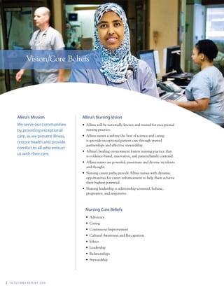 Vision/Core Beliefs




           Allina’s Mission               Allina’s Nursing Vision
           We serve our communities       •	 Allina	will	be	nationally	known	and	trusted	for	exceptional	
           by providing exceptional          nursing practice.
           care, as we prevent illness,   •	 Allina	nurses	combine	the	best	of	science	and	caring	
           restore health and provide        to provide exceptional patient care through trusted
                                             partnerships and effective stewardship.
           comfort to all who entrust
                                          •	 Allina’s	healing	environment	fosters	nursing	practice	that	
           us with their care.               is evidence-based, innovative, and patient/family centered.
                                          •	 Allina	nurses	are	powerful,	passionate	and	diverse	in	talents	
                                             and thought.
                                          •	 Nursing	career	paths	provide	Allina	nurses	with	dynamic	
                                             opportunities for career enhancement to help them achieve
                                             their highest potential.
                                          •	 Nursing	leadership	is	relationship-centered,	holistic,	
                                             progressive, and responsive.



                                            Nursing Core Beliefs
                                            •	 Advocacy
                                            •	 Caring
                                            •	 Continuous	Improvement
                                            •	 Cultural	Awareness	and	Recognition
                                            •	 Ethics
                                            •	 Leadership
                                            •	 Relationships
                                            •	 Stewardship




2   O u t CO M E S R E P O Rt 2 0 0 9
 