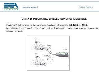 UNITÀ DI MISURA DEL LIVELLO SONORO: IL DECIBEL
L’intensità del rumore si “misura” con l’unità di riferimento DECIBEL (dB)
Importante tenere conto che è un valore logaritmico, non può essere sommato
aritmeticamente.
www.seagruppo.it Rischio Rumore
 