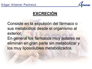 EXCRECIÓN
Consiste en la expulsión del fármaco o
sus metabolitos desde el organismo al
exterior.
En general los fármacos muy polares se
eliminan en gran parte sin metabolizar y
los muy liposolubles metabolizados.
 