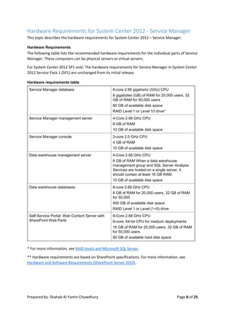 Prepared by: Shahab Al Yamin Chawdhury Page 8 of 25
Hardware Requirements for System Center 2012 - Service Manager
This topic describes the hardware requirements for System Center 2012 – Service Manager.
Hardware Requirements
The following table lists the recommended hardware requirements for the individual parts of Service
Manager. These computers can be physical servers or virtual servers.
For System Center 2012 SP1 only: The hardware requirements for Service Manager in System Center
2012 Service Pack 1 (SP1) are unchanged from its initial release.
Hardware requirements table
Service Manager database 8-core 2.66 gigahertz (GHz) CPU
8 gigabytes (GB) of RAM for 20,000 users, 32
GB of RAM for 50,000 users
80 GB of available disk space
RAID Level 1 or Level 10 drive*
Service Manager management server 4-Core 2.66 GHz CPU
8 GB of RAM
10 GB of available disk space
Service Manager console 2-core 2.0 GHz CPU
4 GB of RAM
10 GB of available disk space
Data warehouse management server 4-Core 2.66 GHz CPU
8 GB of RAM When a data warehouse
management group and SQL Server Analysis
Services are hosted on a single server, it
should contain at least 16 GB RAM.
10 GB of available disk space
Data warehouse databases 8-core 2.66 GHz CPU
8 GB of RAM for 20,000 users, 32 GB of RAM
for 50,000
400 GB of available disk space
RAID Level 1 or Level (1+0) drive
Self-Service Portal: Web Content Server with
SharePoint Web Parts
8-Core 2.66 GHz CPU
8-core, 64-bit CPU for medium deployments
16 GB of RAM for 20,000 users, 32 GB of RAM
for 50,000 users
80 GB of available hard disk space
* For more information, see RAID levels and Microsoft SQL Server.
** Hardware requirements are based on SharePoint specifications. For more information, see
Hardware and Software Requirements (SharePoint Server 2010).
 