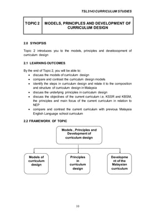 TSL3143 CURRICULUM STUDIES
10
TOPIC 2 MODELS, PRINCIPLES AND DEVELOPMENT OF
CURRICULUM DESIGN
2.0 SYNOPSIS
Topic 2 introduces you to the models, principles and develooopment of
curriculum design
2.1 LEARNING OUTCOMES
By the end of Topic 2, you will be able to:
 discuss the models of curriculum design
 compare and contrast the curriculum design models
 identify the steps in curriculum design and relate it to the composition
and structure of curriculum design in Malaysia
 discuss the underlying principles in curriculum design
 discuss the objectives of the current curriculum i.e. KSSR and KBSM,
the principles and main focus of the current curriculum in relation to
NEP
 compare and contrast the current curriculum with previous Malaysia
English Language school curriculum
2.2 FRAMEWORK OF TOPIC
Models , Principles and
Development of
curriculum design
Models of
curriculum
design
Principles
in
curriculum
design
Developme
nt of the
Malaysian
curriculum
 