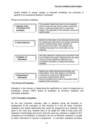 TSL3143 CURRICULUM STUDIES
73
1. Aspects of the
curriculum to be
evaluated
decide whether to accept, change, or eliminate something- the curriculum in
general or an educational textbook in particular”
Phases of Curriculum Evaluation
Identify the information to be collected and the tools
for collecting the data which may involve interviews,
giving of questionnaires, tests, collection of
documents and so forth. The evaluator also
identifies the people from whom data is to be
collected.
The data collected is analysed and presented in the
form of tables and graphs. Statistical tools are often
used to compare significant differences and
to establish correlation or relationship between
variables.
Reports are written describing the findings and
interpretation of the data. Based on the findings,
conclusion is made on the effectiveness of
curriculum implementation efforts.
Recommendations are made to reconsider certain
aspects of the curriculum.
1.2.2 Forms of Evaluation
Evaluation is the process of determining the significance or worth of programmes or
procedures. Scriven (1967) looked at evaluation as formative evaluation and
summative evaluation.
1.2.2.1 Formative evaluation
As the term formative indicates, data is gathered during the formation or
development of the curriculum so that revisions to it can be made. Formative
evaluation may include determining who needs the programme (e.g. students), how
great is the need (e.g. students need to be taught ICT skills to keep pace with
expansion of technology) and how to meet the need (e.g. introduce a subject on ICT
compulsory for all students). In education, the aim of formative evaluation is usually
to obtain information to improve a programme. In curriculum evaluation, formative
The evaluator determines what is to be evaluated
which may be the total school system, a particular
district, a particular grade level or a particular
subject. The objectives of the evaluation activity are
clearly stated.
2. Data Collection
3. Analysis of
Information
4. Reporting of
Information
 