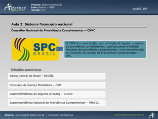 aula02_t04 Conselho Nacional de Previdência Complementar – CNPC O CNPC é o novo órgão, com a função de regular o regime de previdência complementar, operado pelas entidades fechadas de previdência complementar, nova denominação do Conselho de Gestão da Previdência Complementar – SPC. Entidades supervisoras Banco Central do Brasil – BACEN. Comissão de Valores Mobiliários – CVM. Superintendência Nacional de Previdência Complementar – PREVIC. Superintendência de seguros privados – SUSEP. 