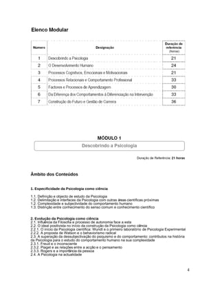 Âmbito dos Conteúdos


1. Especificidade da Psicologia como ciência

1.1. Definição e objecto de estudo da Psicologia
1.2. Delimitação e interfaces da Psicologia com outras áreas científicas próximas
1.2. Complexidade e subjectividade do comportamento humano
1.3. Distinção entre conhecimento do senso comum e conhecimento científico


2. Evolução da Psicologia como ciência
2.1. Influência da Filosofia e processo de autonomia face a esta
2.2. O ideal positivista no início da construção da Psicologia como ciência
2.2.1. O início da Psicologia científica: Wundt e o primeiro laboratório de Psicologia Experimental
2.2.2. A proposta de Watson e o behaviorismo radical
2.3. A superação da dessubjectivação do psiquismo e do comportamento: contributos na história
da Psicologia para o estudo do comportamento humano na sua complexidade
2.3.1. Freud e o inconsciente
2.3.2. Piaget e as relações entre a acção e o pensamento
2.3.3. Rogers e a importância da pessoa
2.4. A Psicologia na actualidade



                                                                                                      4
 