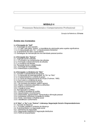 Âmbito dos Conteúdos

1. A Percepção do “Self”
1.1. A formação do auto-conceito
1.1.1. O “Self” visto pelos “Outros”: a importância da valorização pelos sujeitos significativos
1.1.2. A interpretação pelo “Eu”: o Interaccionismo Simbólico
1.2. O sentimento de valor: a auto-estima
1.3. Estratégias de manutenção de uma identidade pessoal positiva

2. A Percepção dos “Outros”
2.1. Cognição social e atitudes
2.1.1. O conceito e as componentes das atitudes
2.1.2. Formação e desenvolvimento de atitudes
2.1.3. A mudança de atitudes
2.2. Percepção social e categorização
2.2.1. Formação de impressões
2.2.2. Estereótipos e preconceitos

3. A Percepção e a Dinâmica do “Nós”
3.1. Conceito e características dos grupos
3.1.1. A interacção da heterogeneidade: do “Eu” ao “Nós”
3.1.2. O relacionamento e a tarefa do grupo
3.1.3. A Teoria de Desenvolvimento do Grupo (Tuckman, 1965)
3.1.4. Kurt Lewin e a dinâmica de grupo
3.2. Estrutura e funcionamento do grupo
3.2.1. Os conceitos de estatuto, papel e apreço
3.2.2. Papéis e estatutos adquiridos ou atribuídos
3.2.3. Estrutura sociométrica
3.2.4. Coesão do grupo
3.3. Normalização e conflitos
3.3.1. Conflito e escalada do conflito
3.3.2. Assertividade e inconformismo
3.3.3. Passividade, agressividade, manipulação e afirmação pessoal
3.3.4. Estratégias individuais na gestão do conflito
3.3.4. Poder, autoridade e influência social
3.3.5. Obediência e conformismo

4. O “Nós”, o “Eu” e os “Outros”: Liderança, Negociação Social e Empreendedorismo
4.1. Conceito de liderança
4.1.1. Funções, padrões e contextos de liderança
4.2. O empreendedor e a negociação social
4.2.1. Elementos da negociação
4.2.2. Negociação integrativa e negociação distributiva
4.2.3. Perfil do empreendedor




                                                                                                   8
 