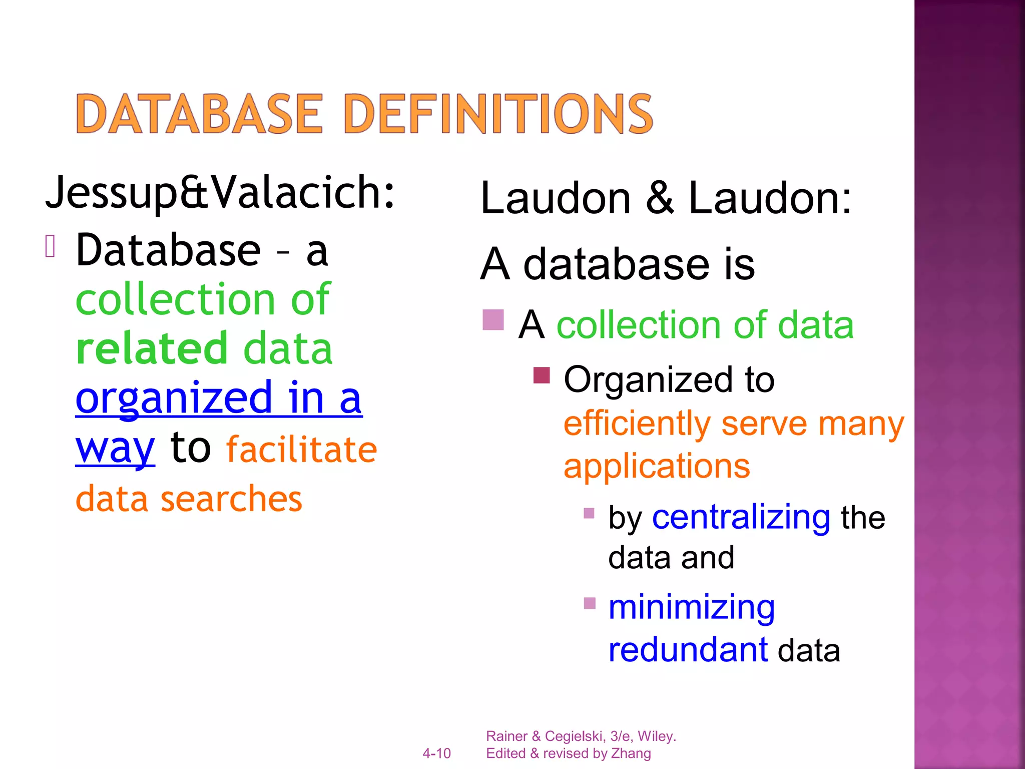Rainer & Cegielski, 3/e, Wiley.
Edited & revised by Zhang4-10
Jessup&Valacich:
 Database – a
collection of
related data
organized in a
way to facilitate
data searches
Laudon & Laudon:
A database is
 A collection of data
 Organized to
efficiently serve many
applications
 by centralizing the
data and
 minimizing
redundant data
 