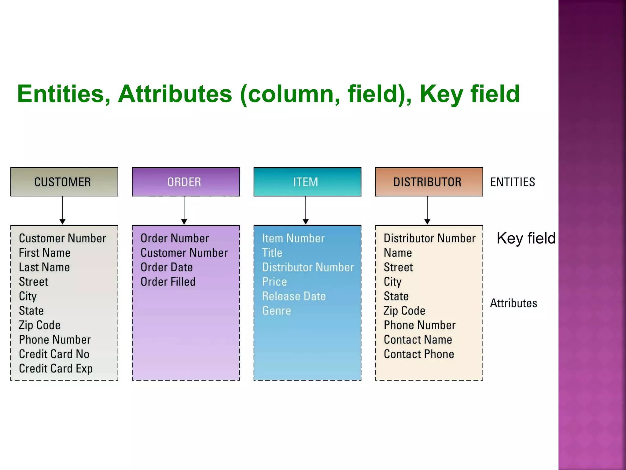 Key field
Entities, Attributes (column, field), Key field
 