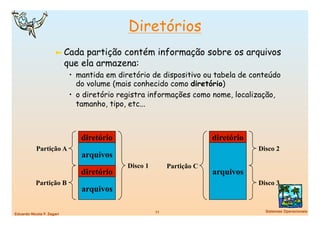 Diretórios
                      ➼  Cada    partição contém informação sobre os arquivos
                            que ela armazena:
                             •  mantida em diretório de dispositivo ou tabela de conteúdo
                                do volume (mais conhecido como diretório)
                             •  o diretório registra informações como nome, localização,
                                tamanho, tipo, etc...



                                diretório                                 diretório
           Partição A                                                                 Disco 2
                                arquivos
                                             Disco 1         Partição C
                                diretório                                 arquivos
           Partição B                                                                 Disco 3
                                arquivos

                                                       11
                              Sistemas Operacionais
Eduardo Nicola F. Zagari
 