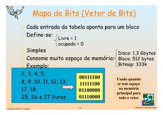 Mapa de Bits (Vetor de Bits)
                Cada entrada da tabela aponta para um bloco
                Define-se:
                                   Livre = 1
                                   ocupado = 0
                Simples
                                                  Disco: 1,3 Gbytes
                Consome muito espaço de memória: Bloco: 512 bytes
                Exemplo:                         Bitmap: 333k

              2, 3, 4, 5,
                                           00111100   Usado quando
              8, 9, 10, 11, 12, 13,        11111100   se tem espaço
              17, 18,                      01100000    na memória
                                                      principal para
              25, 26 e 27 livres           01110000    todo o vetor

                                            13
                 Sistemas Operacionais
Eduardo Nicola F. Zagari
 
