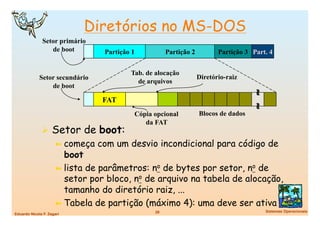 Diretórios no MS-DOS
               Setor primário
                  de boot       Partição 1            Partição 2          Partição 3 Part. 4


                                        Tab. de alocação
             Setor secundário                                      Diretório-raiz
                                          de arquivos
                 de boot




                                                                                     ≈ ≈
                                FAT
                                         Cópia opcional            Blocos de dados
                                            da FAT
                Setor de boot:
                 ➼  começa com um desvio incondicional para código de
                    boot
                 ➼  lista de parâmetros: no de bytes por setor, no de
                    setor por bloco, no de arquivo na tabela de alocação,
                    tamanho do diretório raiz, ...
                 ➼  Tabela de partição (máximo 4): uma deve ser ativa
                                                28
                                        Sistemas Operacionais
Eduardo Nicola F. Zagari
 
