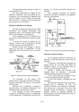 8-15
O tempo de transição necessário é relativo à
concentração do CO.
Em uma concentração de 50ppm de CO
(0,005%), a indicação será visível dentro de 15 a
30 minutos. Uma concentração de 100ppm de CO
(0,01%) mudará a cor do tablete de bronzeado
para cinza de 2 a 5 minutos, e de bronzeado para
cinza escuro de 15 a 20 minutos.
Detectores fotoelétricos de fumaça
Este tipo de detector consiste de uma célula
fotoelétrica, uma lâmpada sinalizadora, uma
lâmpada de teste, e um interceptor de luz (“light
trap”), todos montados em um labirinto.
Uma acumulação de 10% de fumaça no ar
faz com que a célula fotoelétrica conduza corrente
elétrica.
A figura 8-18 mostra os detalhes de um
detector, e indica como as partículas de fumaça
refratam a luz para a célula fotoelétrica.
Quando ativado pela fumaça, o detector
supre um sinal para o amplificador. O sinal
amplificado ativa uma luz de aviso e um alarme
sonoro.
Figura 8-18 Detector dse fumaça fotoelétrico
Um interruptor de teste (figura 8-19)
permite checar a operação do detector de fumaça.
Ligando o interruptor, 28 volts C.C. são enviados
ao relé de teste.
Quando o relé é energizado, a voltagem é
aplicada através da lâmpada sinalizadora e da
lâmpada de teste, em série, para a massa.
Uma indicação de fogo será observada
somente se, as lâmpadas de teste e a sinalizadora,
a célula fotoelétrica, o amplificador do detector de
fumaça e os circuitos associados estiverem em
operação.
Uma checagem funcional do detector
deverá ser feita após a instalação e em frequentes
intervalos subsequentes.
Figura 8-19 Circuito do teste detector de fumaça
Detectores visuais de fumaça
Em um pequeno número de aeronaves, os
detectores visuais de fumaça são o único meio de
detenção.
A indicacão é fornecida pela passagem da
fumaça através de uma linha para dentro do
indicador, usando, ou uma adequada fonte de
sucção, ou a pressurização da cabine.
Quando a fumaça está presente, uma
lâmpada dentro do indicador é iluminada
automaticamente pelo detector de fumaça.
A luz é difusa para que a fumaça se torne
visível na apropriada janela do indicador.
Se não existir fumaça, a lâmpada não será
iluminada.
Um interruptor está previsto para iluminar a
lâmpada para a finalidade de teste. Um
mecanismo também está instalado no indicador,
para mostrar que o necessário fluxo de ar está
passando através do indicador. A eficiência de
qualquer sistema de detecção depende do
posicionamento e do condicionamento de todos os
componentes do sistema.
 