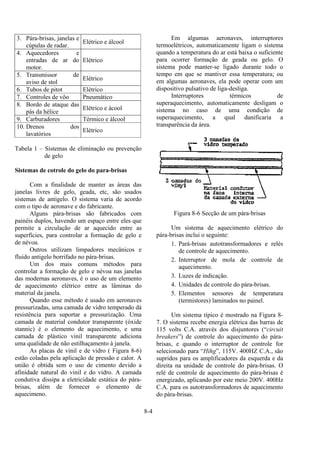8-4
3. Pára-brisas, janelas e
cúpulas de radar.
Elétrico e álcool
4. Aquecedores e
entradas de ar do
motor.
Elétrico
5. Transmissor de
aviso de stol
Elétrico
6. Tubos de pitot Elétrico
7. Controles de vôo Pneumático
8. Bordo de ataque das
pás da hélice
Elétrico e ácool
9. Carburadores Térmico e álcool
10. Drenos dos
lavatórios
Elétrico
Tabela 1 – Sistemas de eliminação ou prevenção
de gelo
Sistemas de cotrole do gelo do para-brisas
Com a finalidade de manter as áreas das
janelas livres de gelo, geada, etc, são usados
sistemas de antigelo. O sistema varia de acordo
com o tipo de aeronave e do fabricante.
Alguns pára-brisas são fabricados com
painéis duplos, havendo um espaço entre eles que
permite a circulação de ar aquecido entre as
superfícies, para controlar a formação de gelo e
de névoa.
Outros utilizam limpadores mecânicos e
fluido antigelo borrifado no pára-brisas.
Um dos mais comuns métodos para
controlar a formação de gelo e névoa nas janelas
das modernas aeronaves, é o uso de um elemento
de aquecimento elétrico entre as lâminas do
material da janela.
Quando esse método é usado em aeronaves
pressurizadas, uma camada de vidro temperado dá
resistência para suportar a pressurização. Uma
camada de material condutor transparente (óxide
stannic) é o elemento de aquecimento, e uma
camada de plástico vinil transparente adiciona
uma qualidade de não estilhaçamento à janela.
As placas de vinil e de vidro ( Figura 8-6)
estão coladas pela aplicação de pressão e calor. A
união é obtida sem o uso de cimento devido a
afinidade natural do vinil e do vidro. A camada
condutiva dissipa a eletricidade estática do pára-
brisas, além de fornecer o elemento de
aquecimeno.
Em algumas aeronaves, interruptores
termoelétricos, automaticamente ligam o sistema
quando a temperatura do ar está baixa o suficiente
para ocorrer formação de geada ou gelo. O
sistema pode manter-se ligado durante todo o
tempo em que se mantiver essa temperatura; ou
em algumas aeronaves, ela pode operar com um
dispositivo pulsativo de liga-desliga.
Interruptores térmicos de
superaquecimento, automaticamente desligam o
sistema no caso de uma condição de
superaquecimento, a qual danificaria a
transparência da área.
Figura 8-6 Secção de um pára-brisas
Um sistema de aquecimento elétrico do
pára-brisas inclui o seguinte:
1. Pará-brisas autotransformadores e relés
de controle de aquecimento.
2. Interruptor de mola de controle de
aquecimento.
3. Luzes de indicação.
4. Unidades de controle do pára-brisas.
5. Elementos sensores de temperatura
(termistores) laminados no painel.
Um sistema típico é mostrado na Figura 8-
7. O sistema recebe energia elétrica das barras de
115 volts C.A. através dos disjuntores (“circuit
breakers”) de controle do aquecimento do pára-
brisas, e quando o interruptor de controle for
selecionado para “Hihg”, 115V. 400HZ C.A., são
supridos para os amplificadores da esquerda e da
direita na unidade de controle do pára-brisas. O
relé de controle de aquecimento do pára-brisas é
energizado, aplicando por este meio 200V. 400Hz
C.A. para os autotransformadores de aquecimento
do pára-brisas.
 