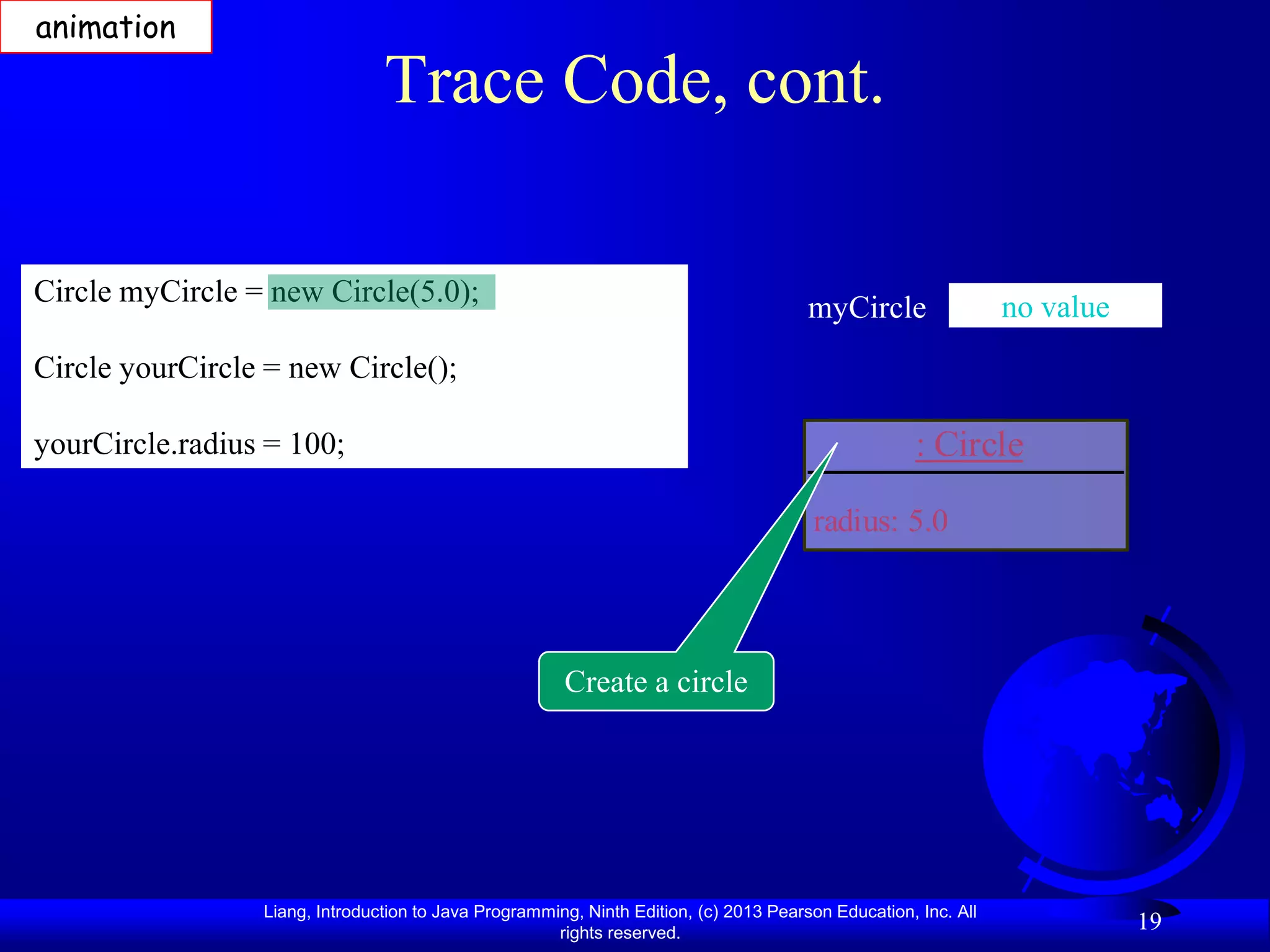 animation

                                Trace Code, cont.

Circle myCircle = new Circle(5.0);                                                                              no value
                                                                                       myCircle
Circle yourCircle = new Circle();

yourCircle.radius = 100;                                                                             : Circle

                                                                                       radius: 5.0




                                                       Create a circle




                 Liang, Introduction to Java Programming, Ninth Edition, (c) 2013 Pearson Education, Inc. All
                                                      rights reserved.
                                                                                                                           19
 